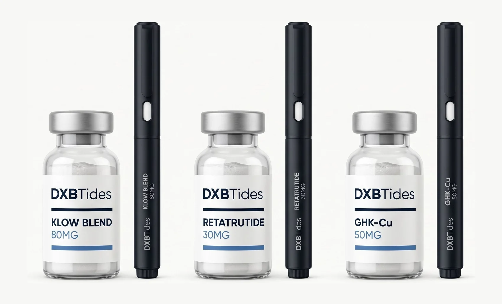 DXBTides research product family with three vials and three injector pens